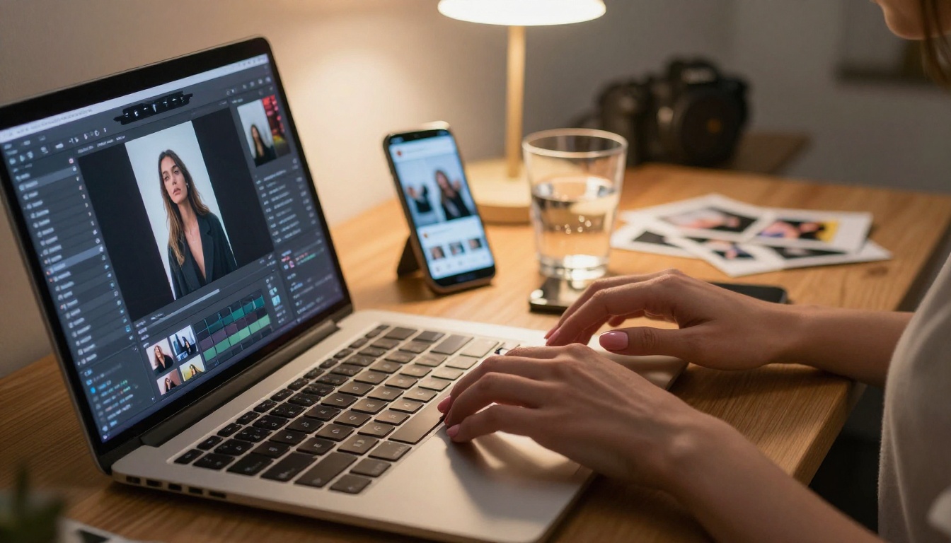 A laptop and keyboard surrounded by polaroid photos and creative workspace elements, warm editorial desk photography, photorealistic 8K