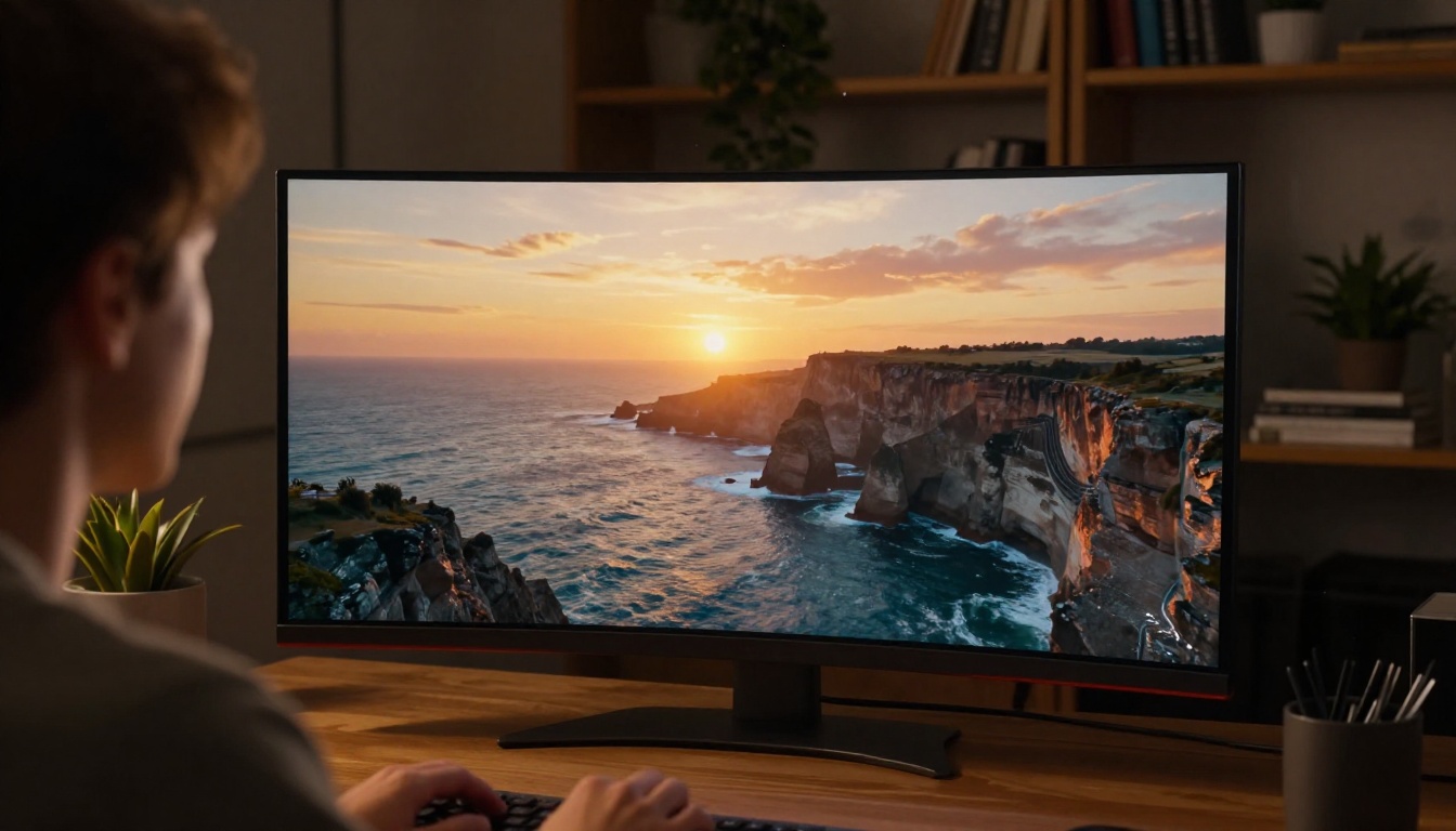 Person sitting in dimly lit home office watching breathtaking AI-generated cinematic video on ultra-wide curved monitor, face illuminated by warm golden screen glow
