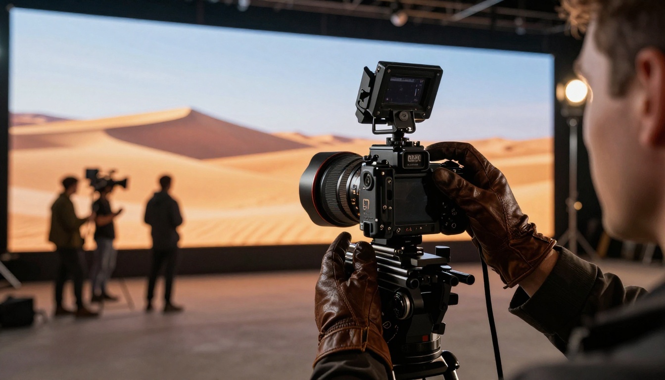 Cinematic director holding viewfinder on professional film set, beyond it large LED walls displaying AI-generated desert dune footage in golden hour light, film crew silhouettes in background