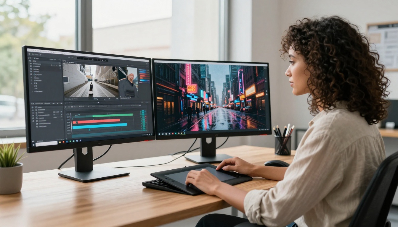 Creative professional woman with dark curly hair at wide dual-monitor workstation, one screen showing video timeline editing interface, other displaying AI-generated city street footage at night with rain reflections