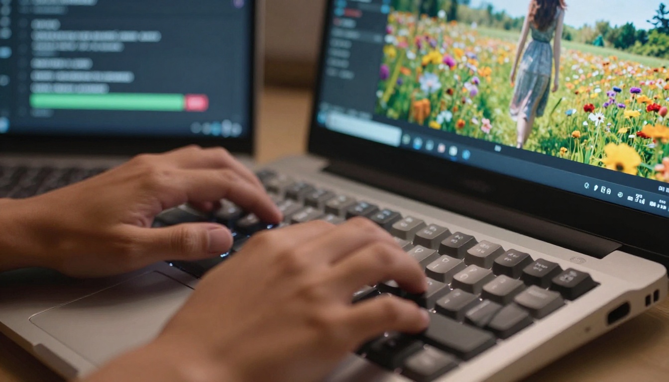 Extreme close-up of hands typing rapidly on mechanical keyboard, laptop screen showing video generation prompt being entered with progress bar at 85%, monitor showing woman walking through flower field in slow motion