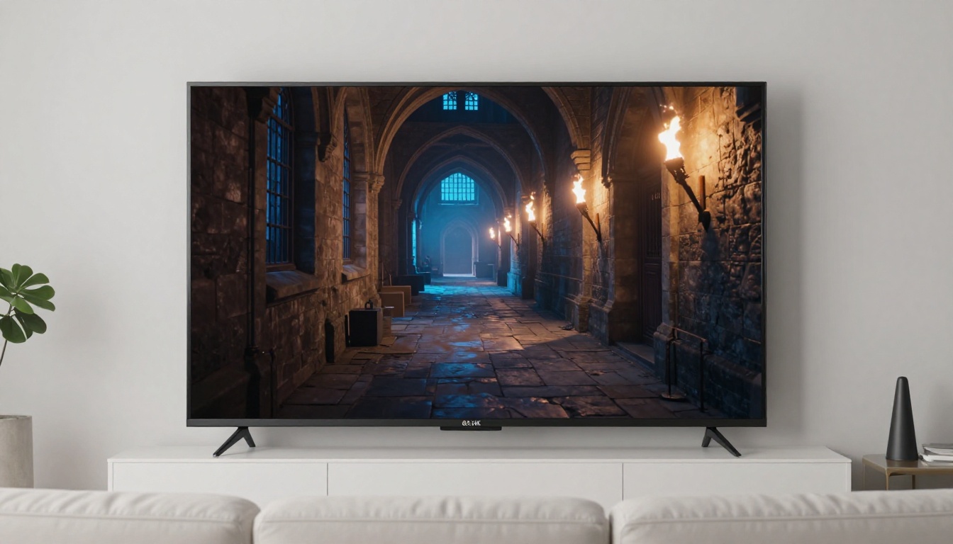 Massive 85-inch 4K television mounted on white living room wall displaying AI-generated medieval stone hallway with torch lighting and dancing shadows, modern white sofa in foreground