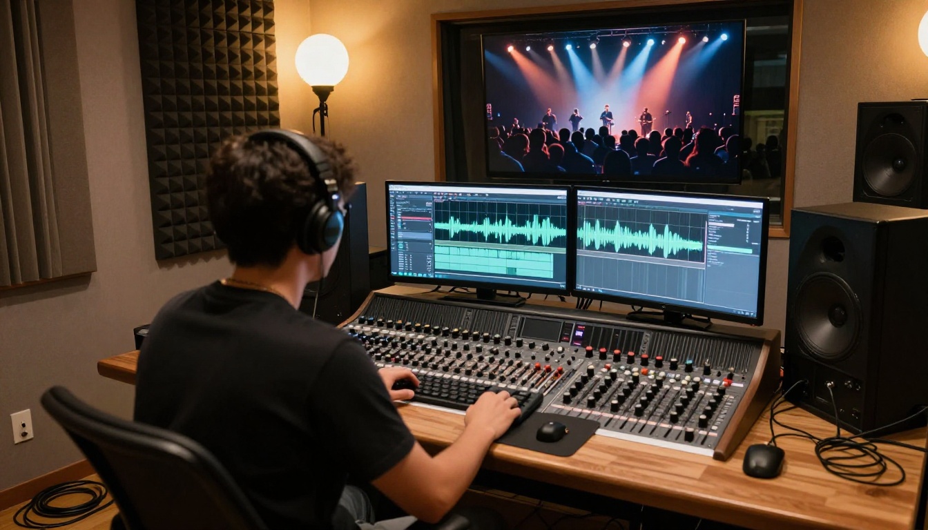 Musician and content creator in recording studio seated at mixing board with multiple monitors, one screen showing AI video generation interface with waveform audio syncing to video timeline