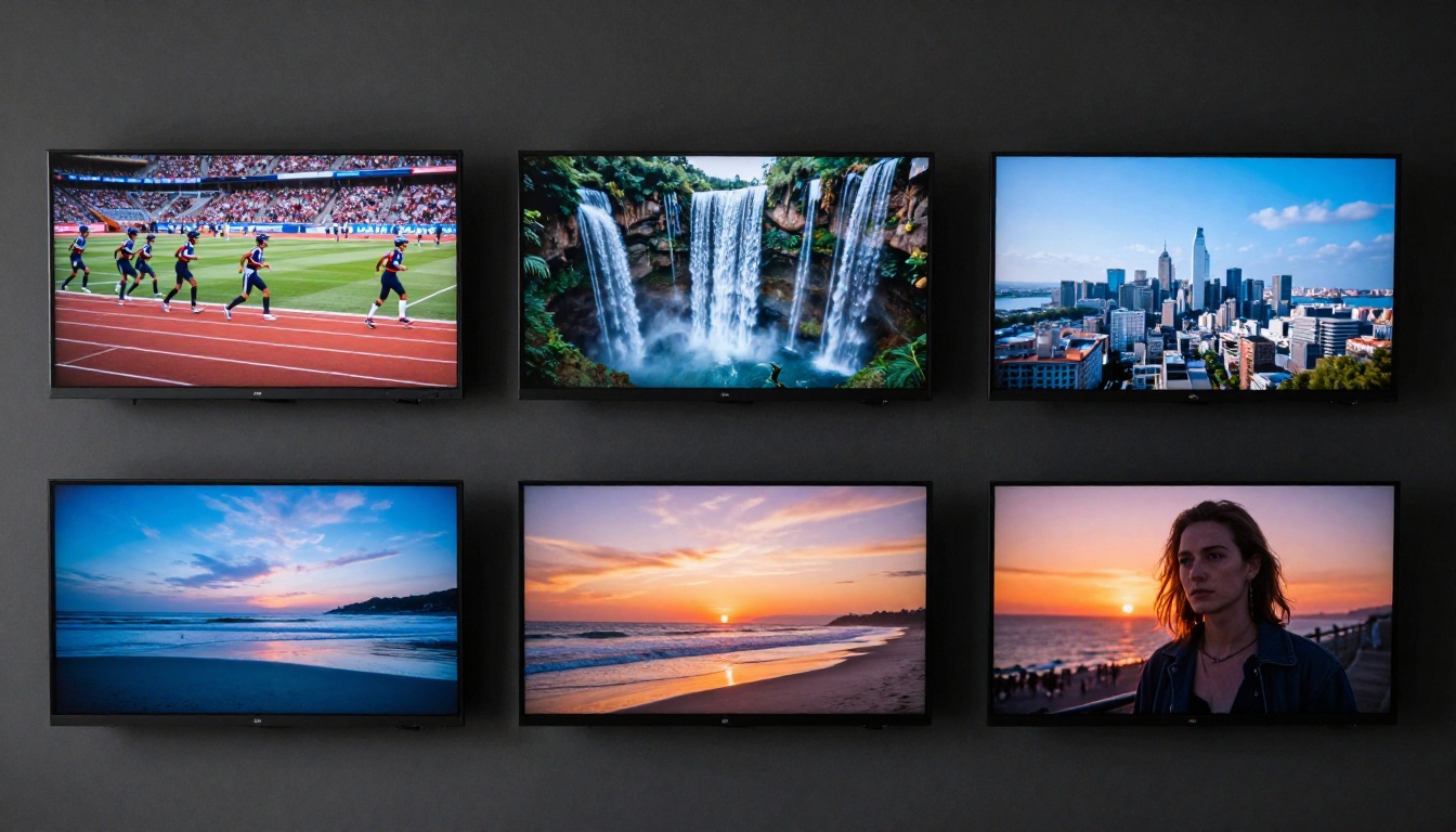 Six large monitors in 2x3 grid arrangement on matte black wall, each showing different AI-generated video frame: slow-motion sports, fashion shoot, waterfall landscape, city drone shot, sunset beach, cinematic portrait