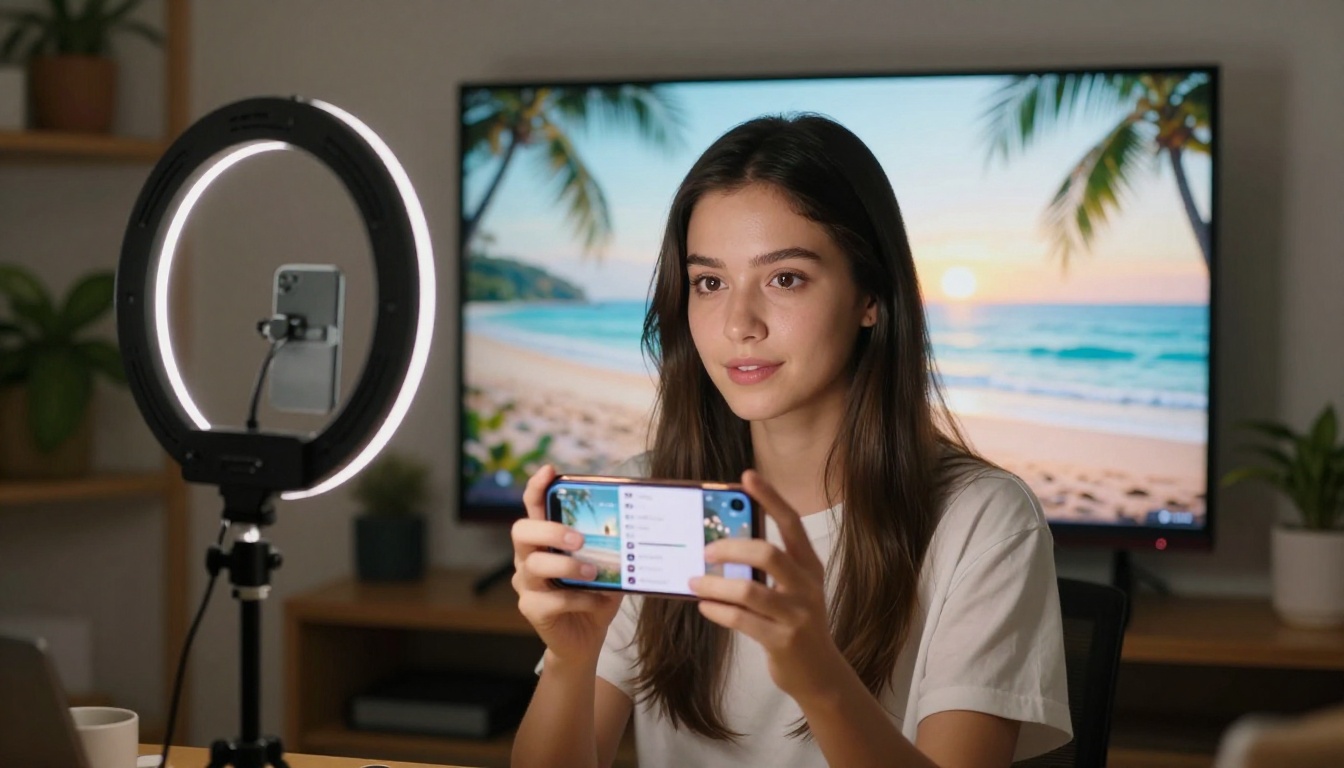 Young woman content creator filming herself with ring light and camera setup, behind her large monitor shows AI-generated tropical beach at sunrise video playing, phone with social media app in hand