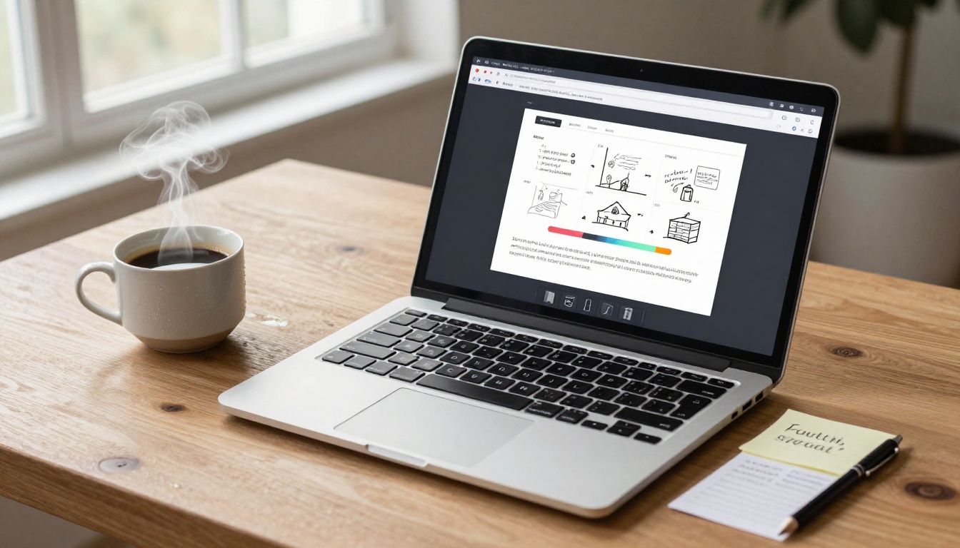 Overhead flat lay of creative workspace: laptop showing AI video platform interface at completion, printed storyboard with handwritten notes, cup of coffee with steam, mechanical pencil, colorful sticky notes with keywords