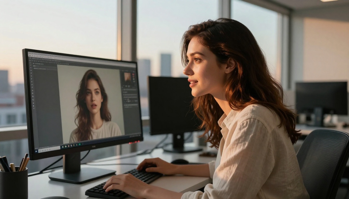 A professional woman reviews stunning AI-generated imagery on her workstation monitor