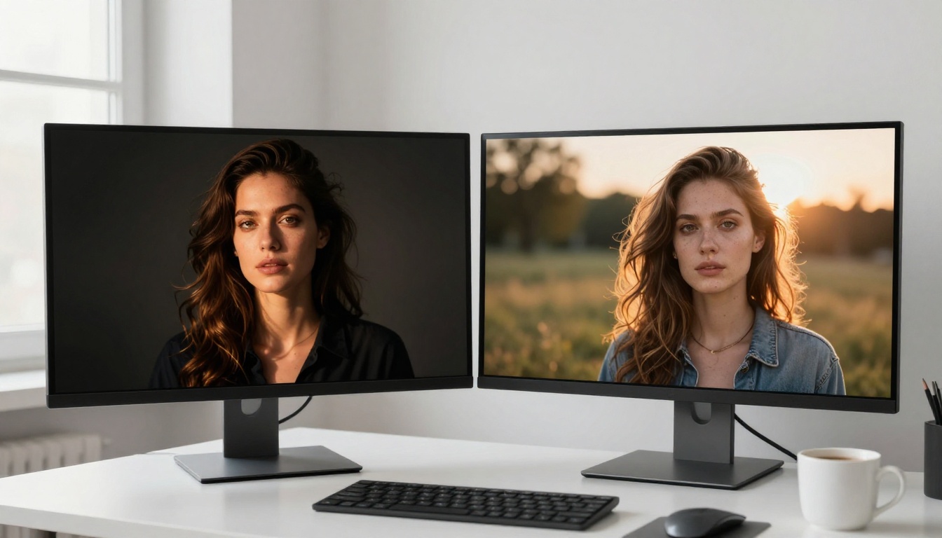 A creative professional testing AI image output quality on dual monitors in a modern studio