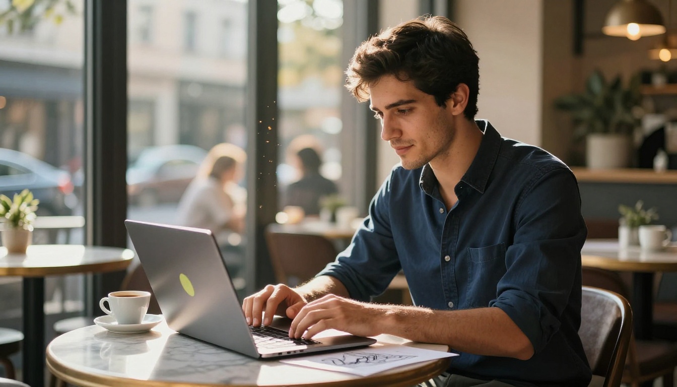 A stylish creative professional working on AI image generation on a laptop in a modern cafe setting