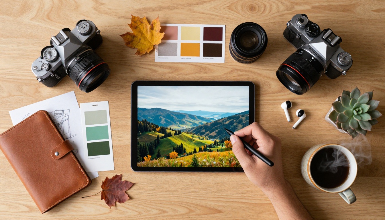 Flat-lay creative workspace with design tools, camera, and AI-generated imagery on tablet