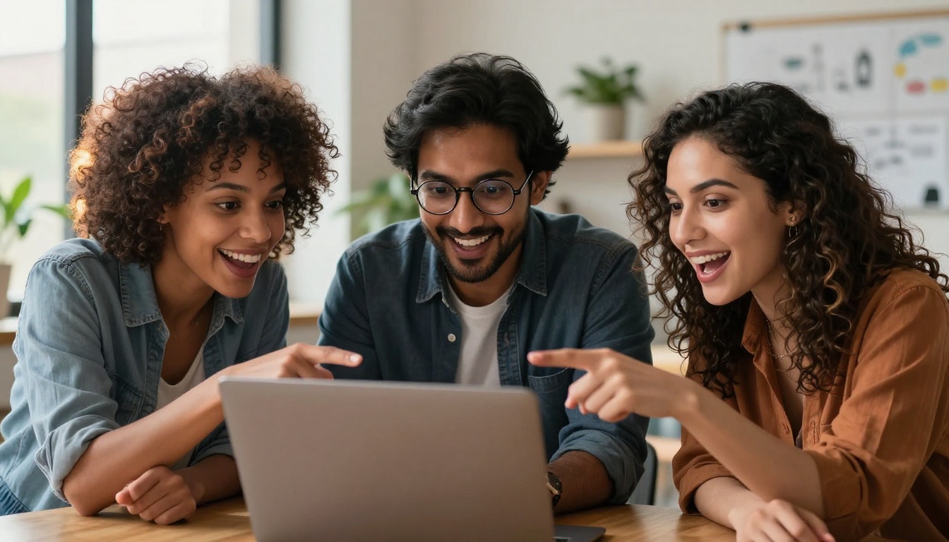 A team of creative professionals collaborating enthusiastically over an AI image generation session