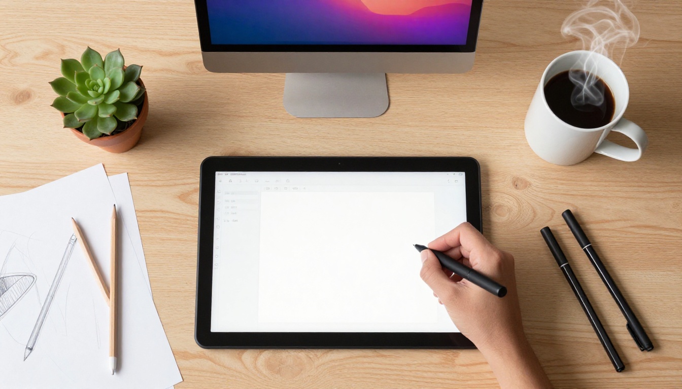 Creative workspace with drawing tablet and laptop overhead view Creative workspace with drawing tablet and laptop overhead view