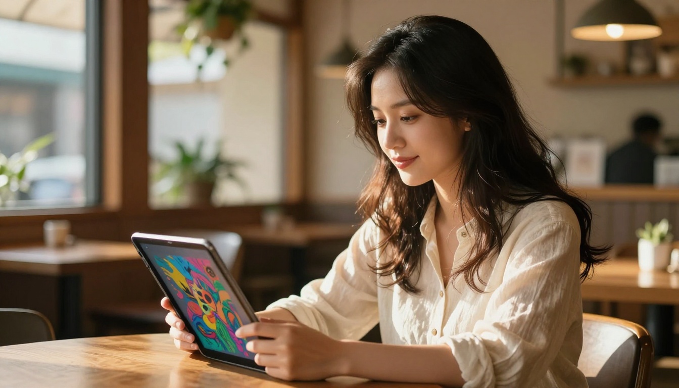 Young woman holding an iPad showing vibrant digital artwork in a sunlit Japanese cafe Young woman holding an iPad showing vibrant digital artwork in a sunlit Japanese cafe