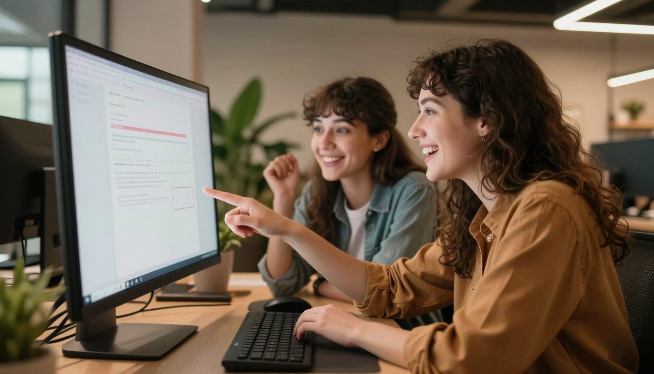 Two women collaborating enthusiastically at a shared creative workstation Two women collaborating enthusiastically at a shared creative workstation