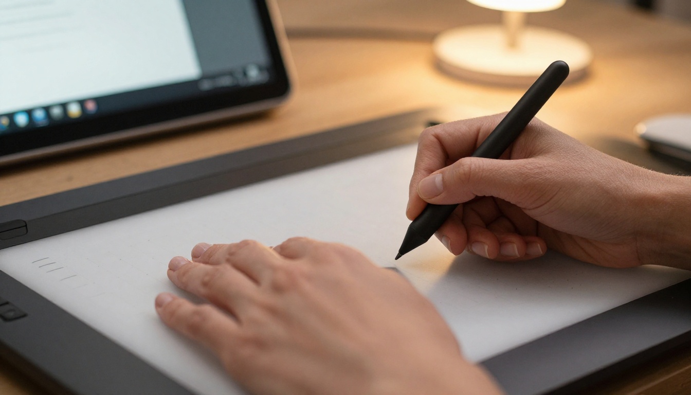 Elegant close-up of hands positioned over a professional drawing tablet with stylus Elegant close-up of hands positioned over a professional drawing tablet with stylus