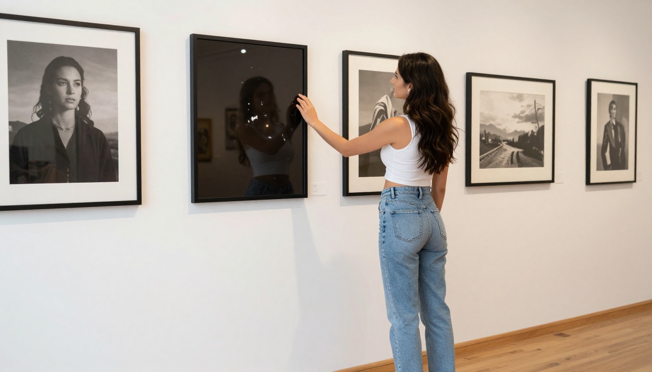 Young woman standing before a gallery wall of large framed art prints