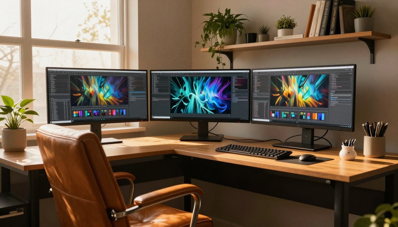 Clean modern dual-monitor home office setup with warm afternoon golden light
