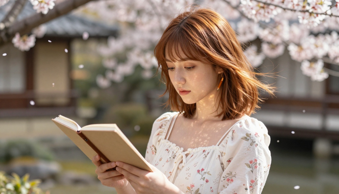 Beautiful young woman in a Japanese garden holding a sketchbook among cherry blossoms