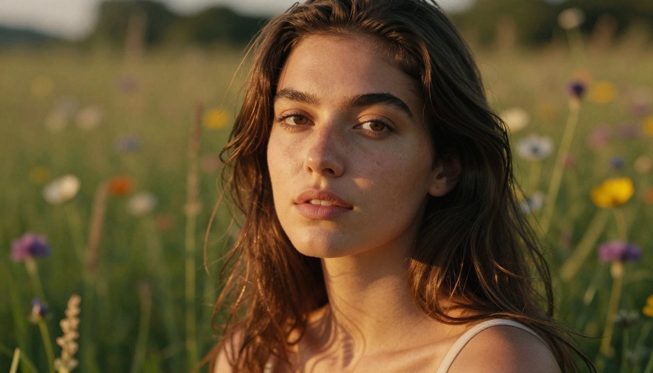 Photorealistic portrait of a woman in a golden meadow showcasing AI image quality