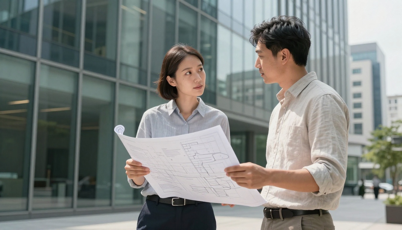 Two professionals comparing AI generated images on large display screens in a modern office