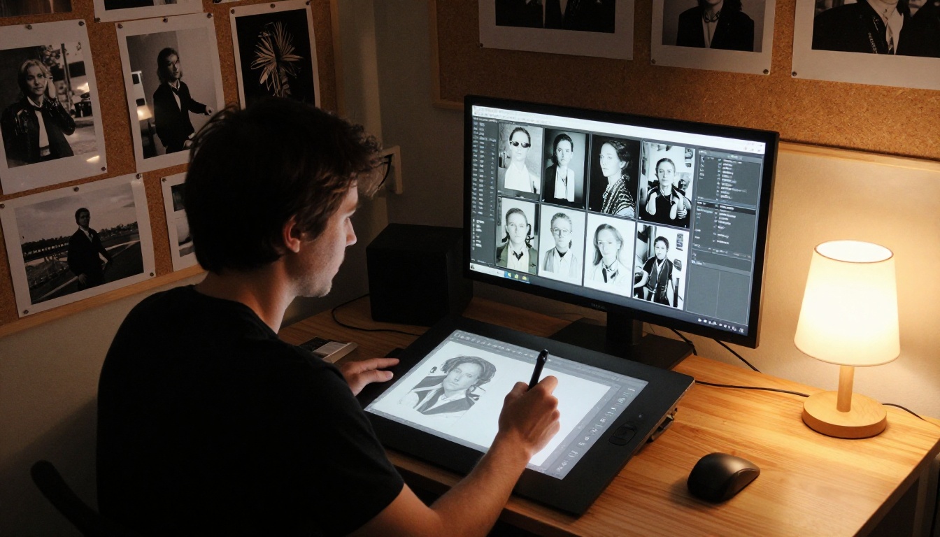 Digital artist reviewing AI image comparison grids in a warmly lit creative studio