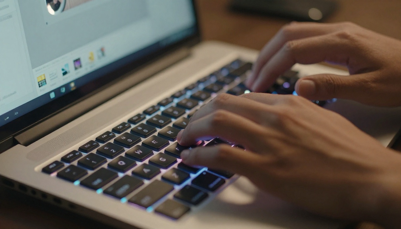 Close-up macro shot of hands typing on mechanical keyboard with laptop screen reflecting on aluminum desk surface