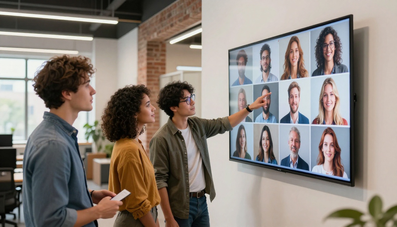 Diverse team of three professionals discussing AI generated images on a large touchscreen in a bright coworking space