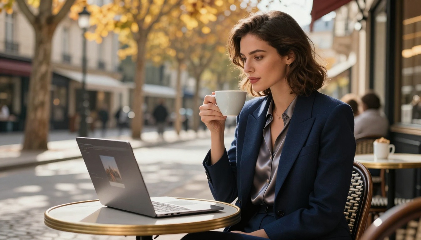 Sophisticated woman in tailored blazer at an outdoor Parisian cafe with laptop, warm dappled autumn light