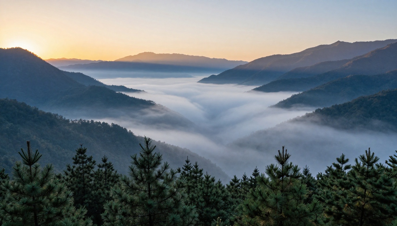 Stunning misty mountain valley at dawn with pine forest in the foreground, photorealistic landscape photography