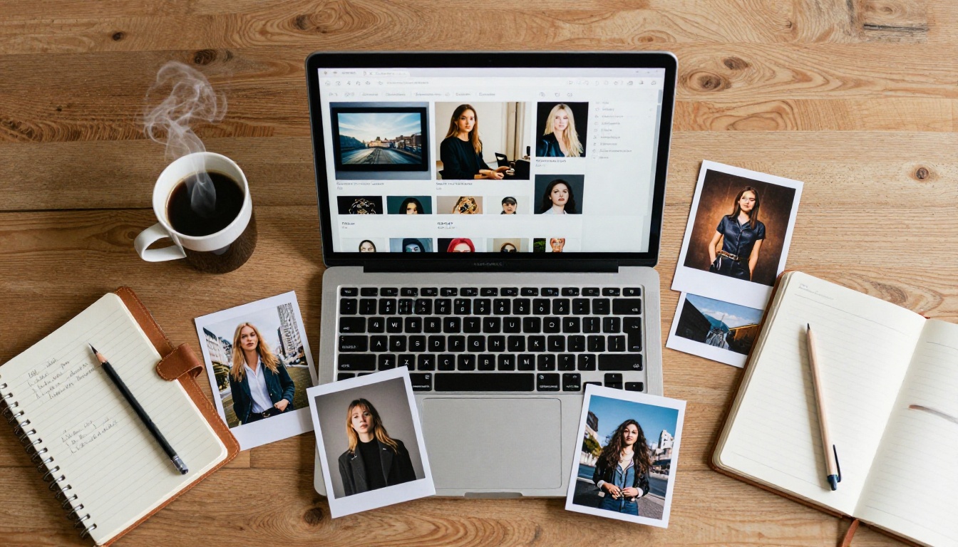 A creative workspace flat lay with AI-generated images and a laptop