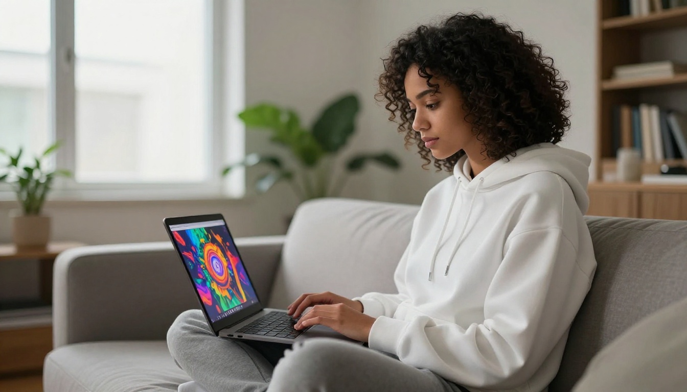 Young woman reviewing AI-generated artwork on her laptop at home