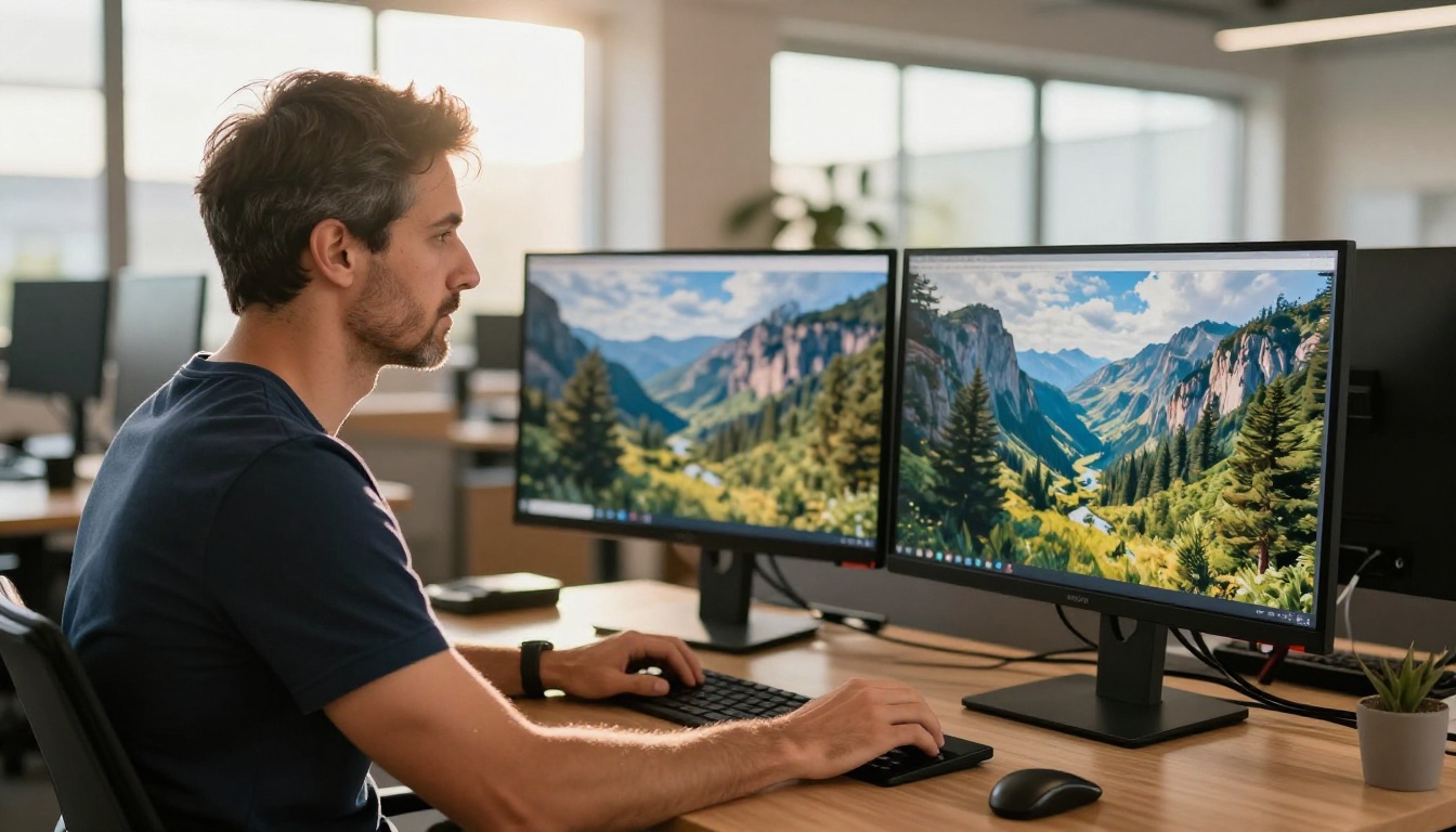 Man comparing AI image outputs side by side on dual monitors