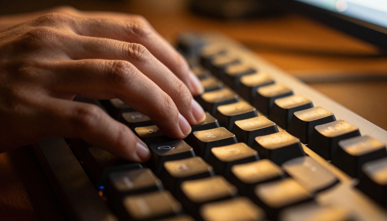 Close-up of fingers typing on a mechanical keyboard late at night