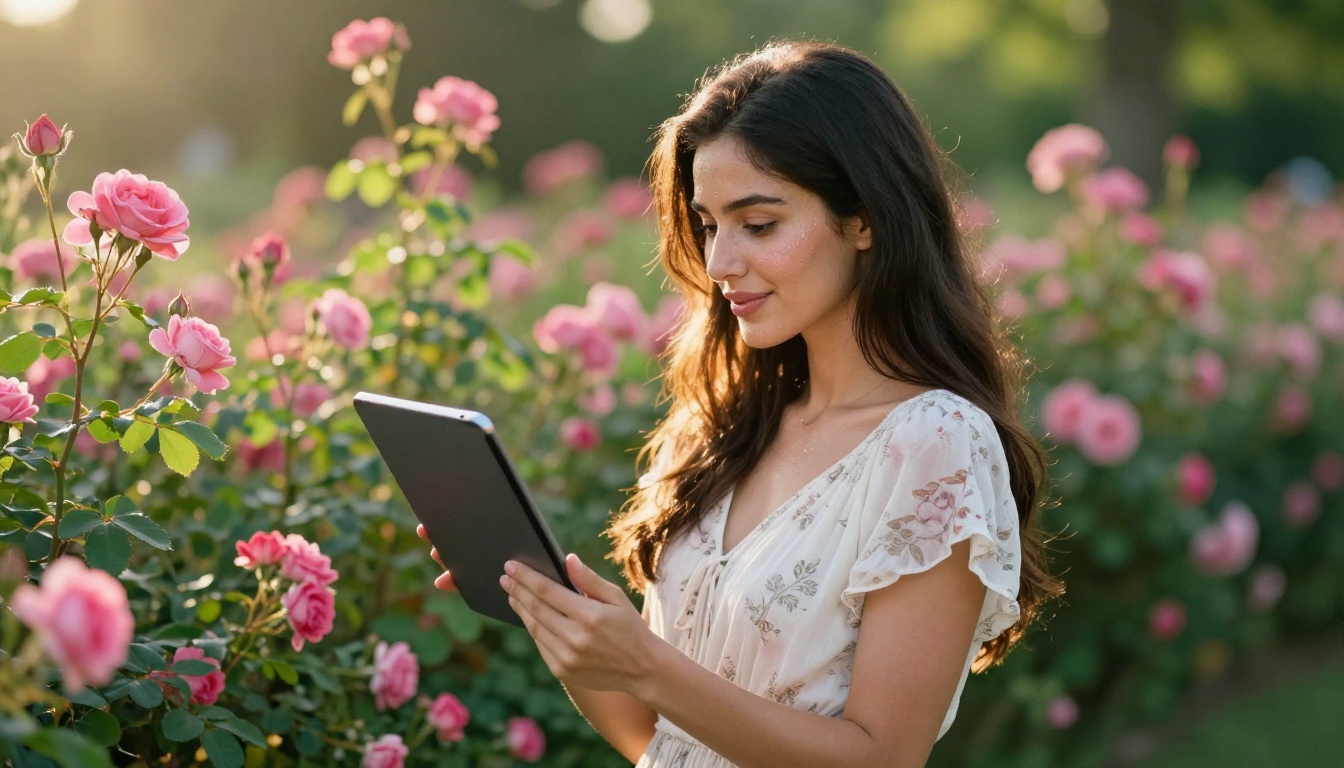 Woman in a botanical garden holding a tablet displaying an AI-generated image