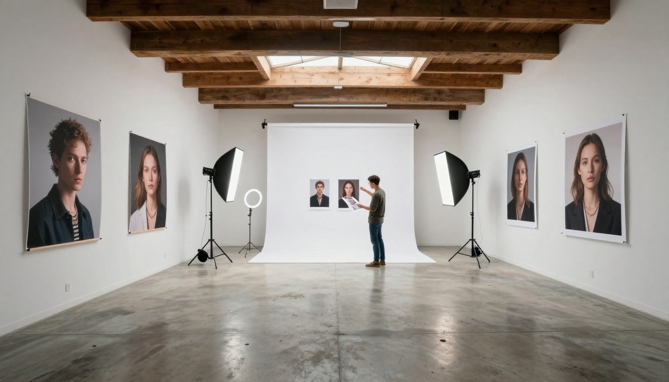 Wide shot of a photography studio with AI-generated portraits displayed on the walls