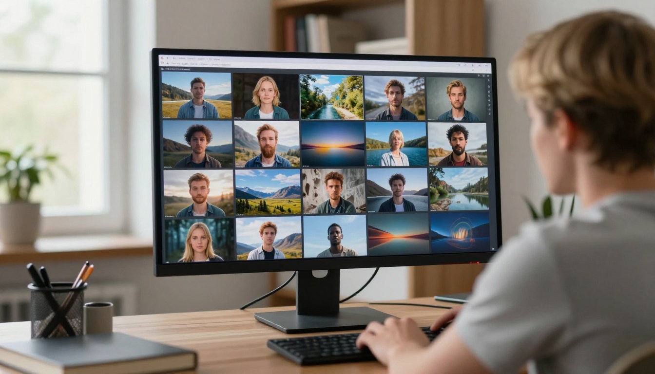 Person reviewing AI-generated image results on a large 4K monitor