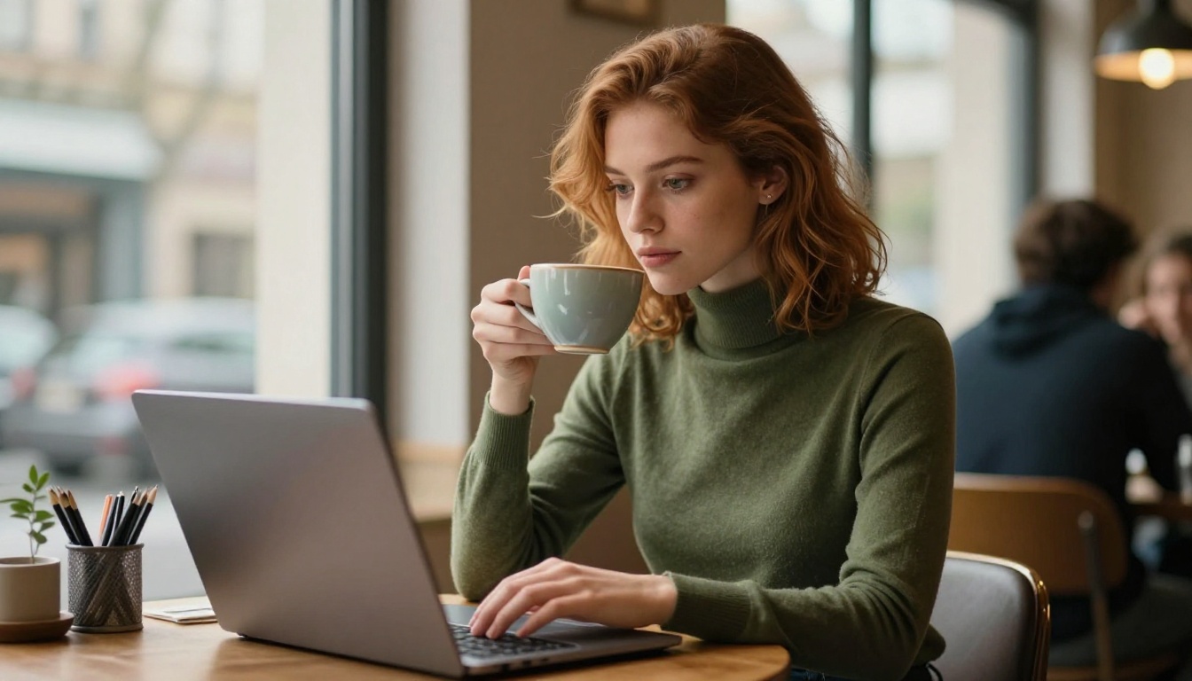Woman at a cafe working on AI image generation on her laptop