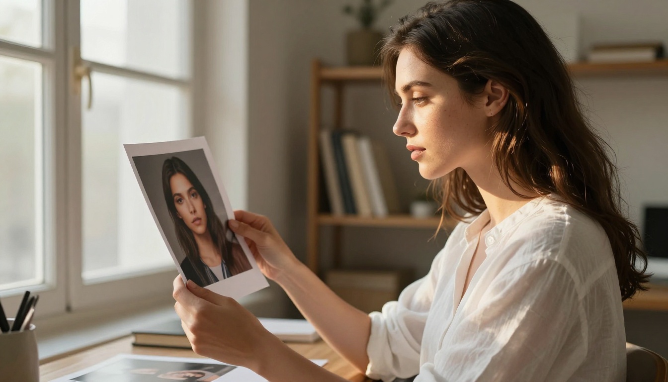 Woman comparing a printed photograph to a digital AI-generated image