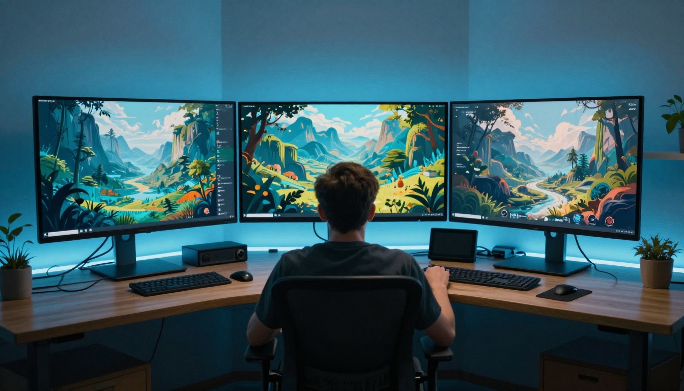 Researcher comparing AI outputs across three monitors