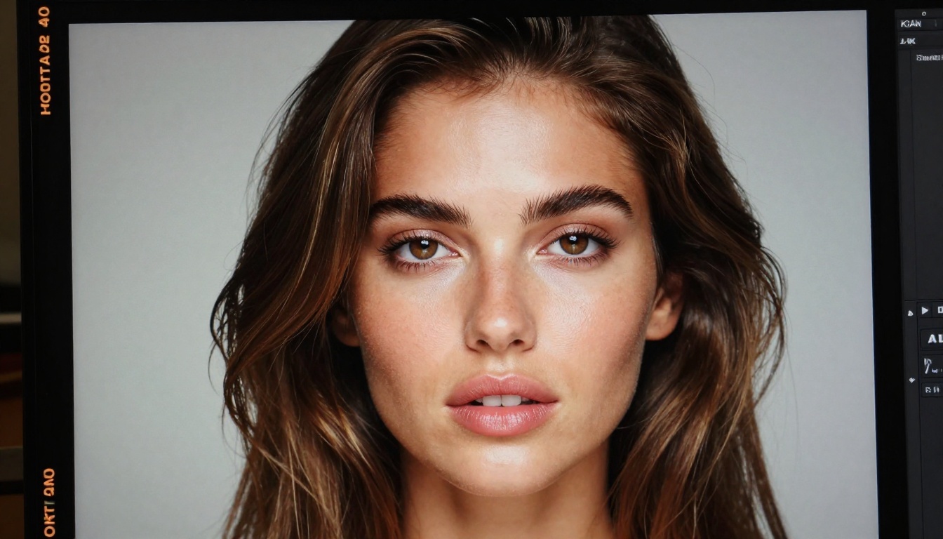Macro close-up of an AI-generated portrait on a high-resolution screen