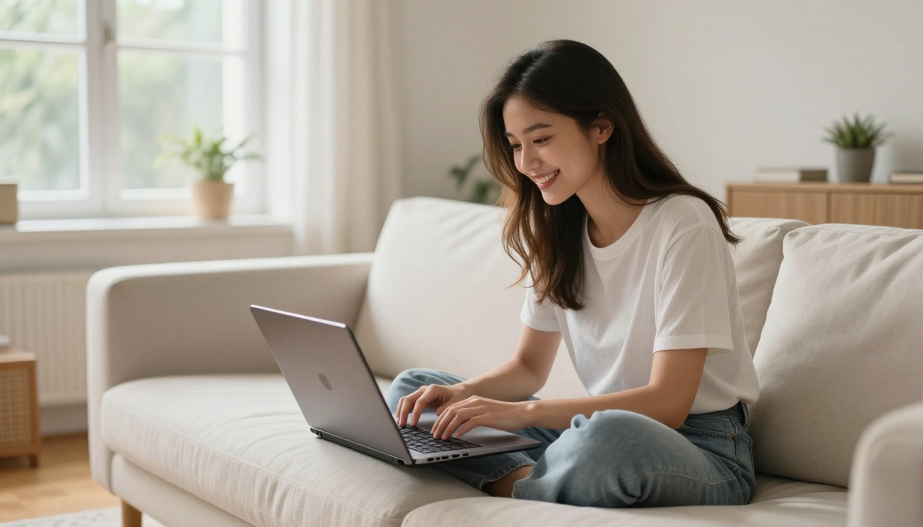 Woman browsing AI art platform on a laptop at home