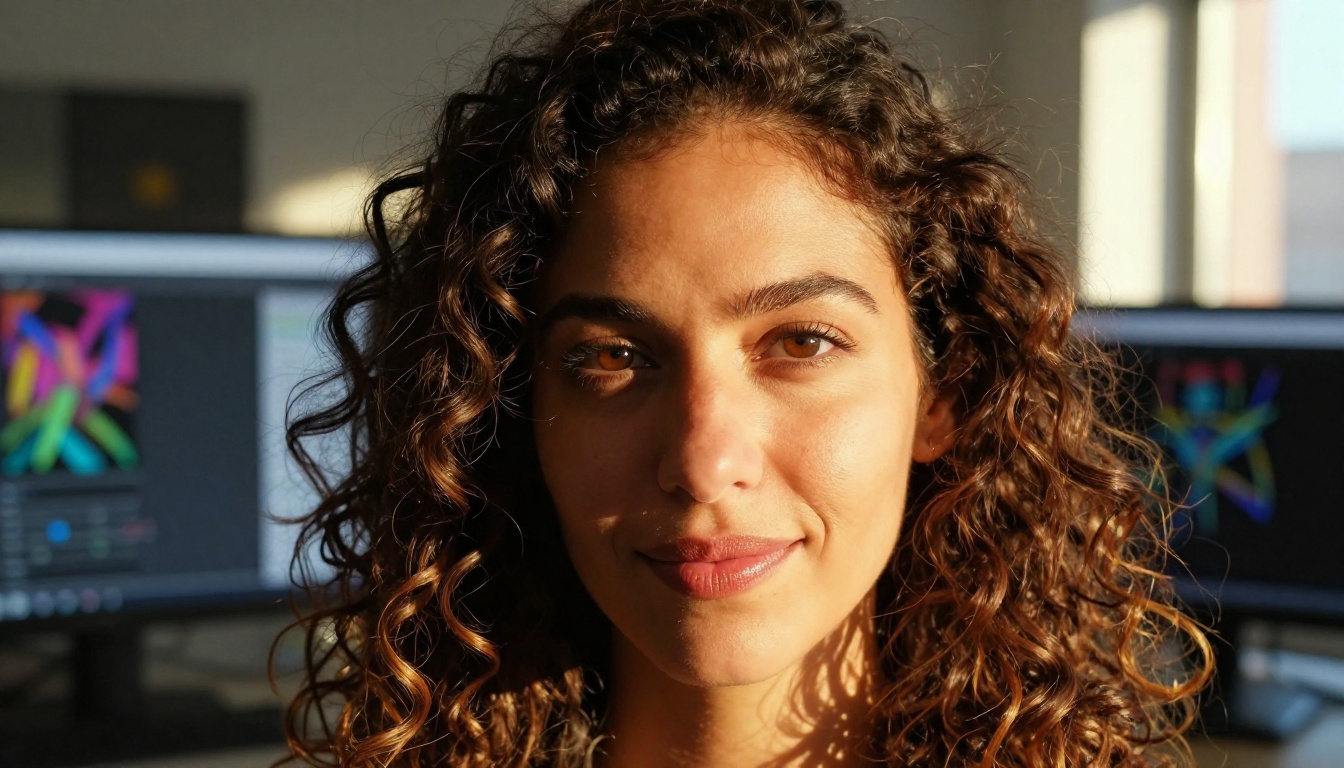 Confident woman with natural curly hair in a creative office setting
