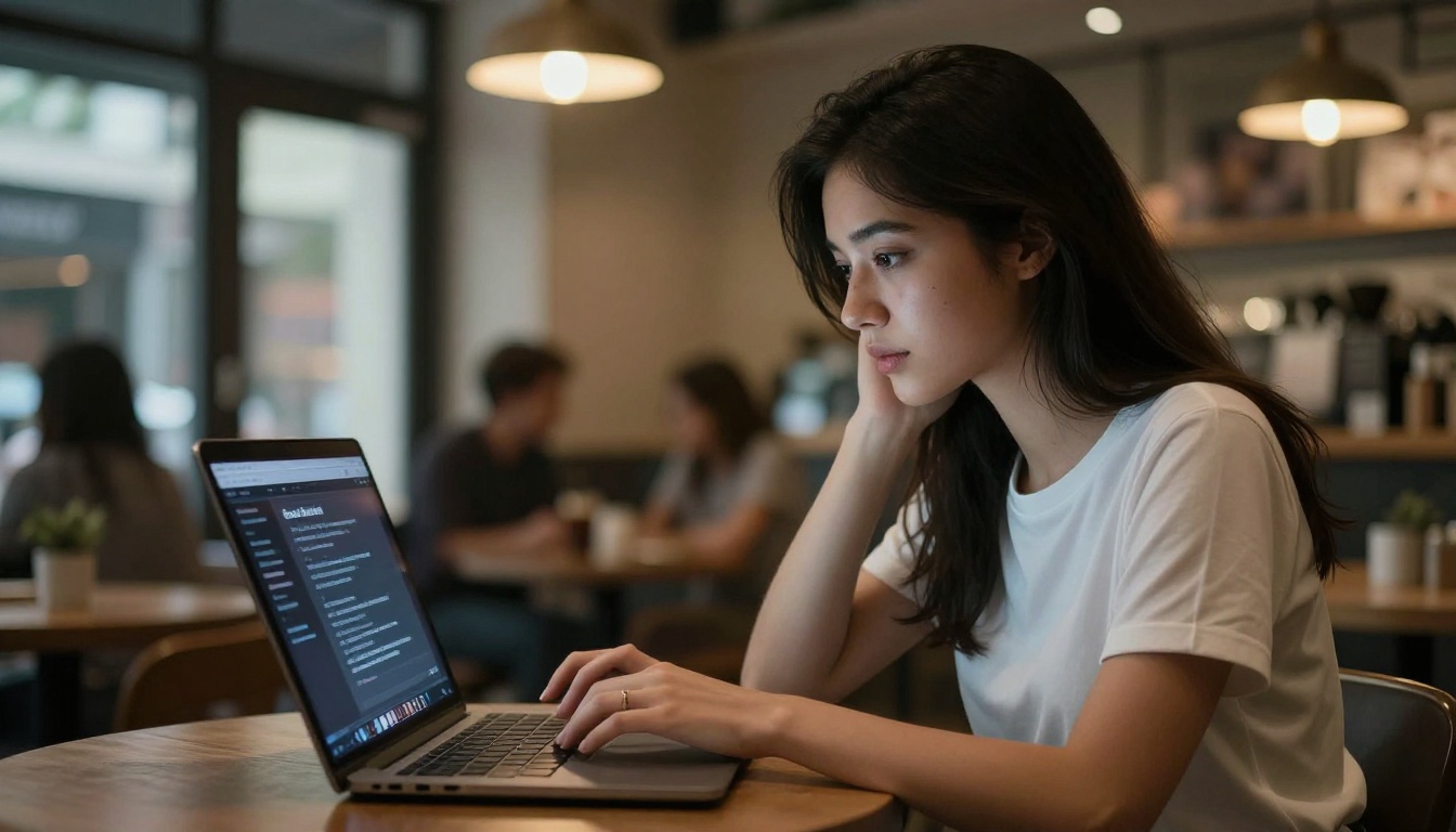 Young woman using an AI generation platform at a café