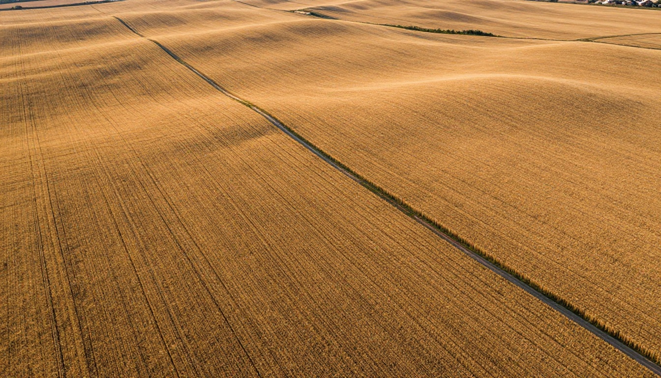 Aerial bird's-eye view of a vast golden wheat field with intricate texture patterns under late-afternoon light