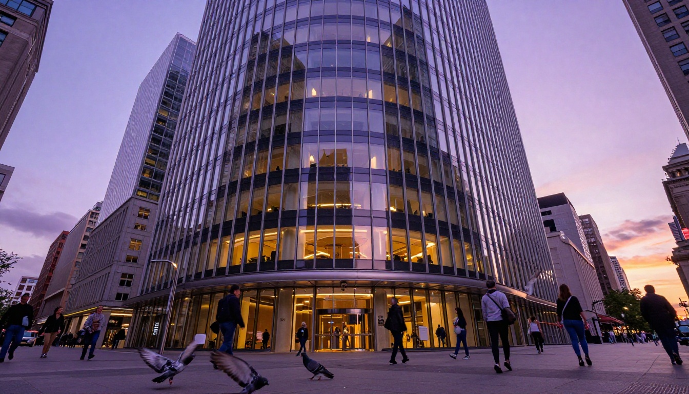 Low-angle view of a modern curved glass office building at dusk reflecting purple and orange sunset hues
