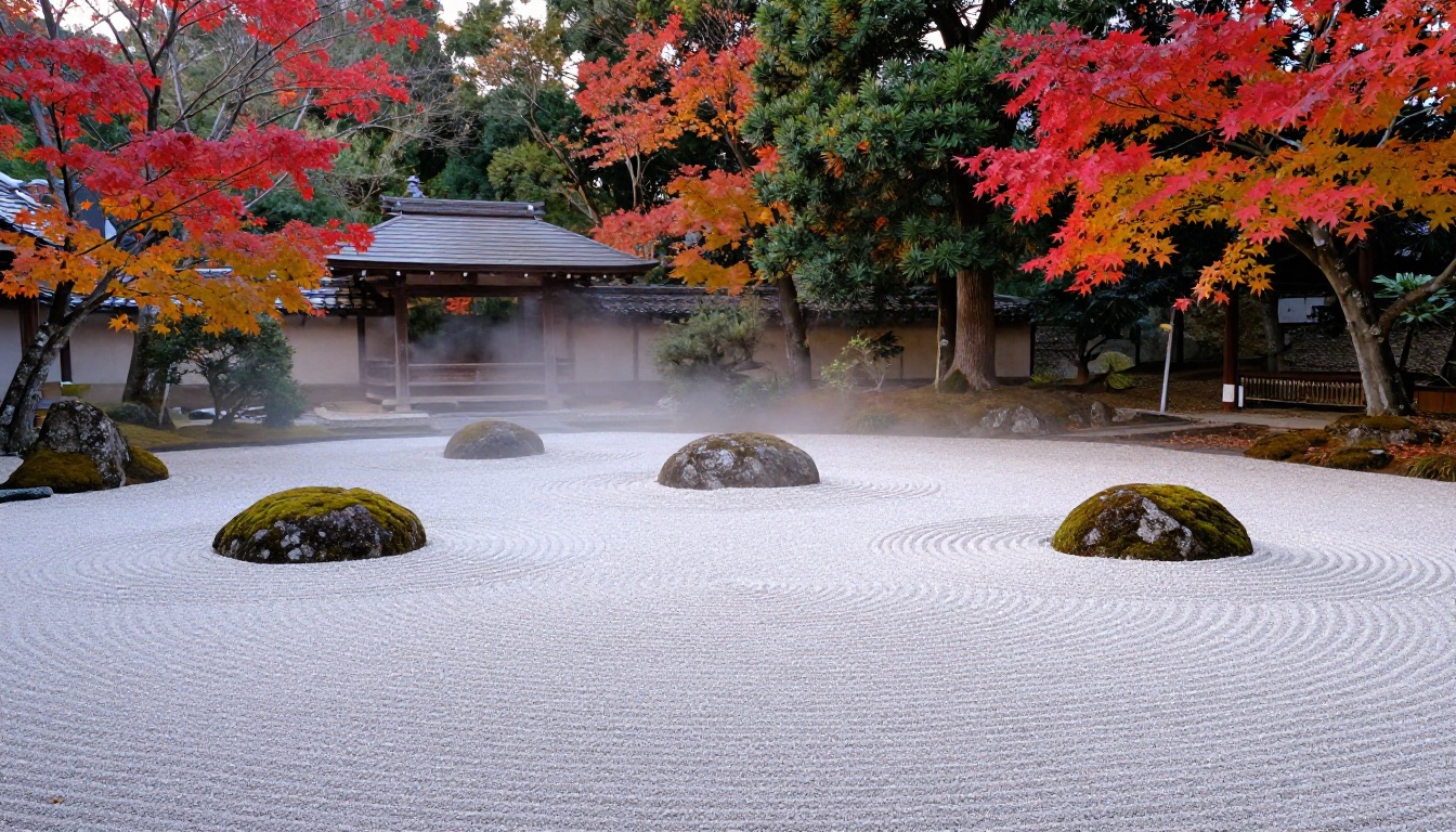 Wide shot of a serene Japanese zen garden at dawn with raked gravel circles around moss-covered boulders in morning mist