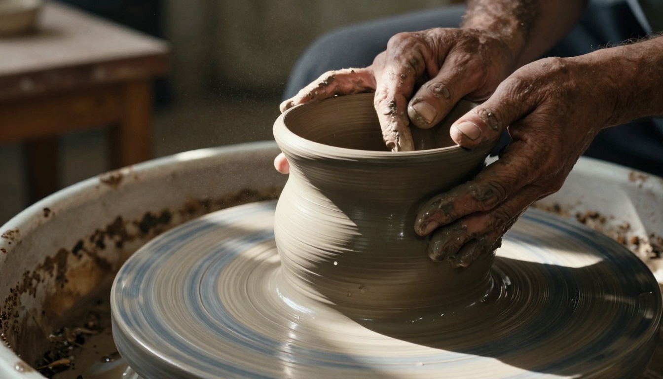 Close-up macro of a craftsman's weathered hands shaping wet dark clay on a pottery wheel with dramatic overhead skylight