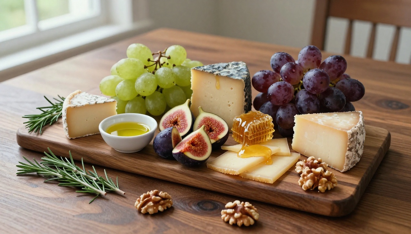 Overhead flat-lay of an artisan cheese board with fresh figs, grapes, honeycomb, and rosemary on a dark walnut surface in natural window light