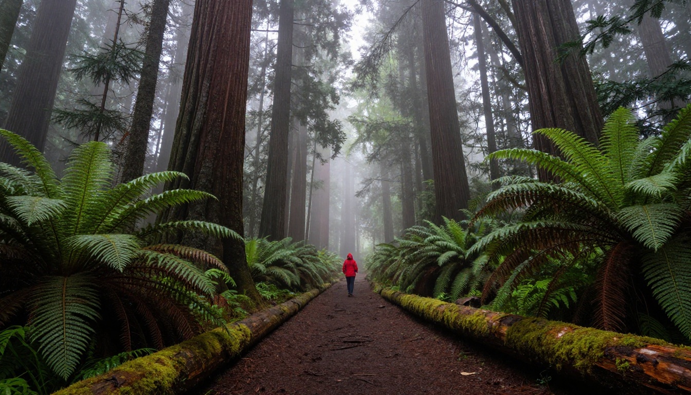 Eye-level view down a misty Pacific Northwest pine forest trail with shafts of morning light piercing through the dense canopy