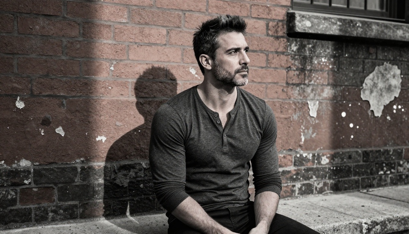 Three-quarter profile portrait of an athletic man with salt-and-pepper stubble seated on a concrete ledge in a brick urban alley with dramatic side-lighting